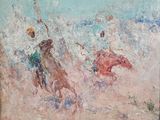 an oil painting of a man riding a horse on a beach