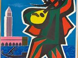 une affiche accrochée au mur d'un immeuble, sur laquelle figure l'image d'un homme tenant une guitare