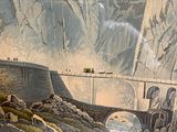 a picture of a painting of a train going over a bridge