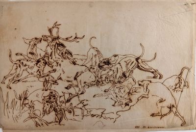 dessin représentant un groupe d'animaux dans un champ, avec un homme à cheval