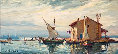 a painting of boats in the water near a building