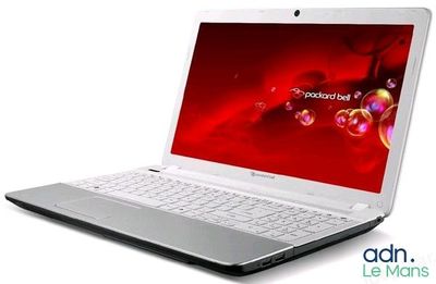 a white laptop with a red screen on a white surface