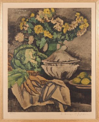 une image représentant un tableau où l'on voit un vase avec des fleurs et des fruits posé sur une table