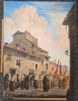 une peinture à l'huile représentant un groupe de personnes devant un bâtiment