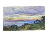 a watercolor painting of a sunset over the ocean