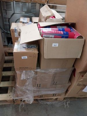 de nombreux cartons remplis d'articles posés sur une palette dans un entrepôt