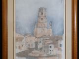 aquarelle encadrée représentant le clocher d'une église dans une petite ville