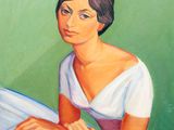 an oil painting of a woman in a white dress sitting on a bed