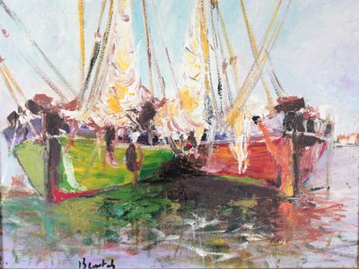 un tableau représentant un groupe de personnes debout sur un bateau