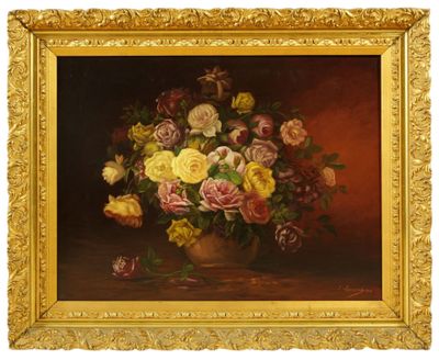 une image d'une peinture de fleurs dans un vase sur une table