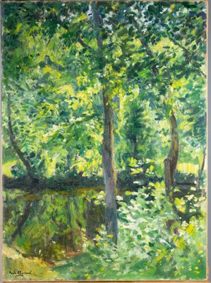 une peinture représentant des arbres et de l'eau dans une zone boisée