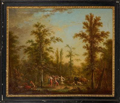 une peinture à l'huile représentant un paysage boisé avec des personnages et des animaux au premier plan