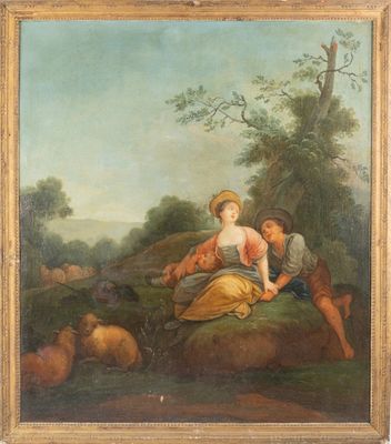 une peinture à l'huile représentant deux femmes et un enfant dans un paysage boisé