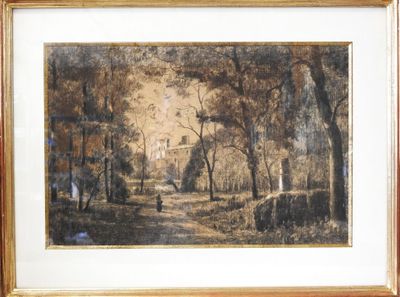painting of a wooded scene with a person walking in the distance