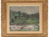 a painting of a landscape with a river in the foreground