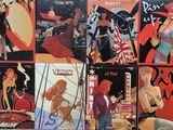 a lot of posters on the wall of a restaurant