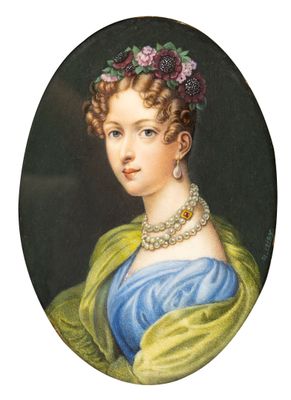 un portrait ovale représentant une femme vêtue d'une robe bleue et d'un châle vert