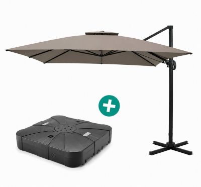 un grand parapluie avec un pied noir et une boîte noire