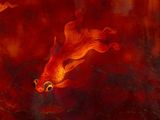 a painting of a goldfish swimming in a pond of water