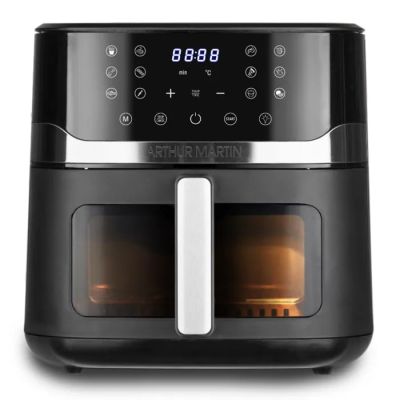 a black air fryer with a digital display on top of it