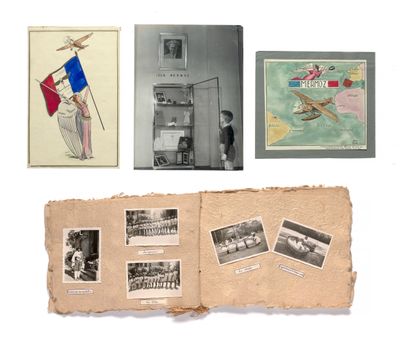 an old book with pictures of people and a flag on top of it