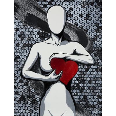 un tableau représentant une femme tenant un cœur rouge dans ses mains