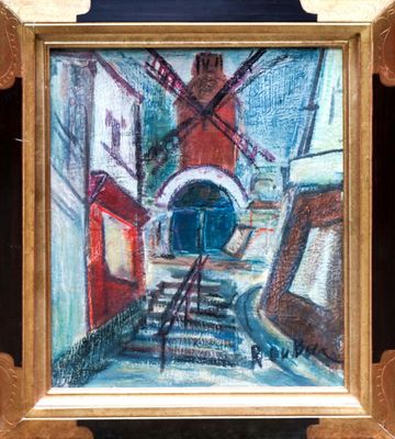 an oil painting of a windmill on a city street in a frame