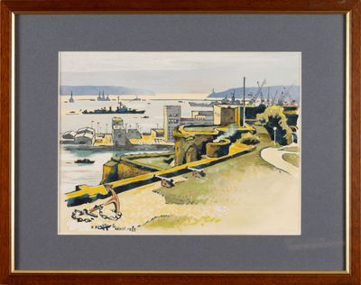 framed watercolor painting of a harbor scene with boats and ships
