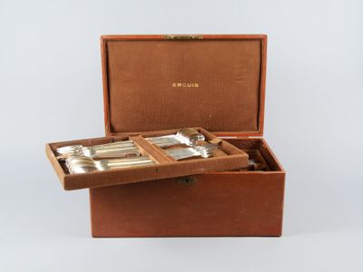 une boîte marron contenant des couverts, posée sur une surface blanche