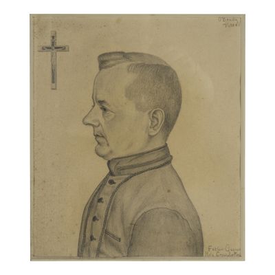 an old drawing of a man with a cross in the background