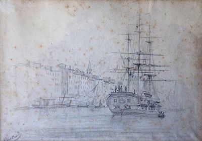 dessin représentant un bateau dans un port, avec un château en arrière-plan