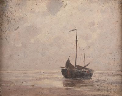 une peinture représentant un bateau au milieu de l'eau