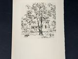 un dessin en noir et blanc représentant un arbre avec une maison en arrière-plan