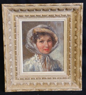 a painting of a woman wearing a bonnet and a white dress