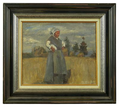 un tableau représentant une femme debout dans un champ