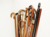 many different types of walking canes lined up on a wall