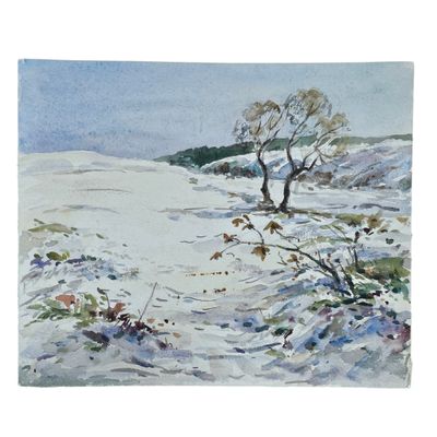 aquarelle représentant un paysage enneigé avec un arbre solitaire au premier plan