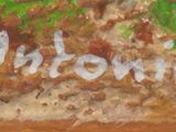 a picture of a painting of a cake with a name written on it