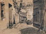 dessin représentant une ruelle avec une bibliothèque et un arbre dans un coin