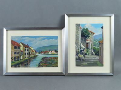 painting of two framed pictures of a village and a river
