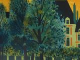 a picture of a painting of a house in a park