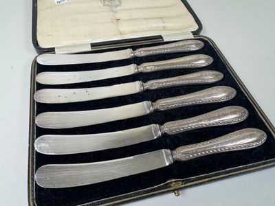 six couteaux dans un étui en argent posé sur une table blanche