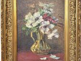 painting of flowers in a gold vase on a red table cloth