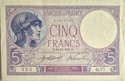5 francs femme casquée 12/12/1917, pas d'épinglage, SUP+
