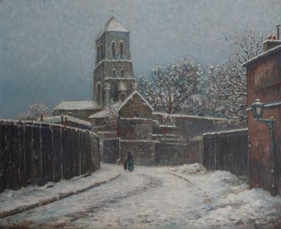 painting of a church in the snow with a person walking down the street