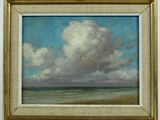 une peinture à l'huile représentant un ciel nuageux au-dessus de l'océan, avec des oiseaux volant dans le ciel