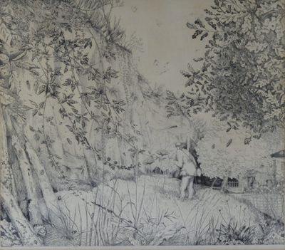 a black and white drawing of a tree and a bench