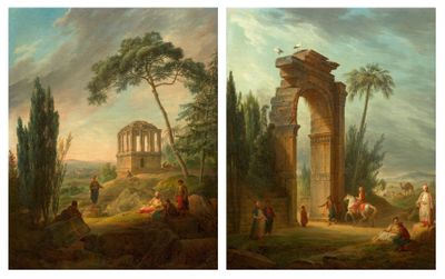 deux tableaux représentant un tableau représentant un paysage avec des personnages au premier plan et un bâtiment à l'arrière-plan