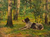 tableau représentant un chien dans un environnement boisé, avec des arbres en arrière-plan
