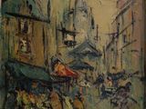 an oil painting of a city street scene with people walking down the street